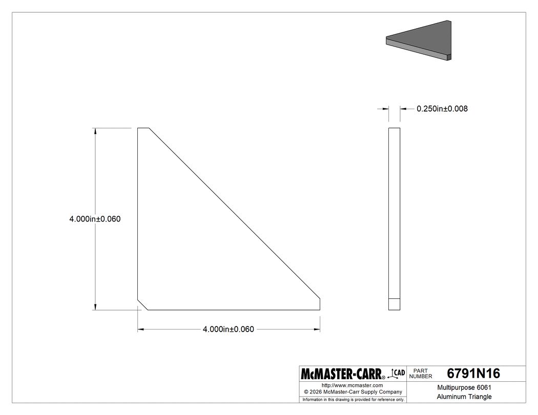 Technical Drawing of Multipurpose 6061 Aluminum Triangle, 4" Wide x 4" Long x 1/4" Thick.